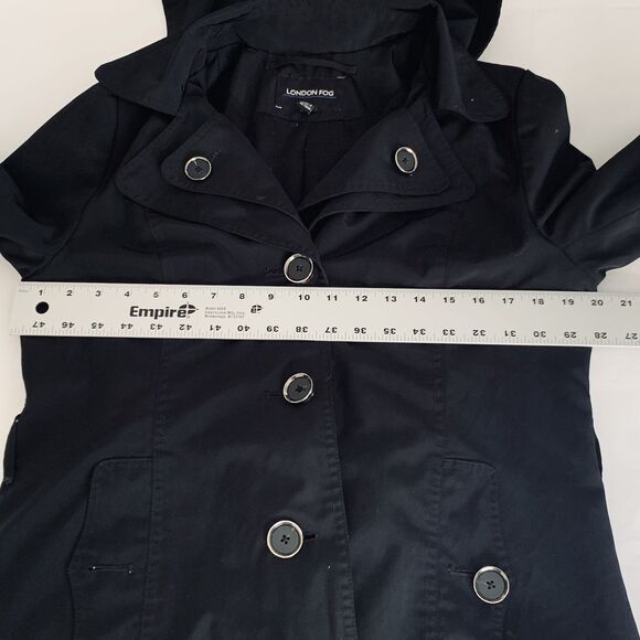 London Fog Women M Black Trench Coat  Button Front Hooded Classic Chic Travel - Picture 10 of 13